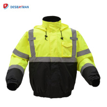 Clase 3 Hombres High Viz Lime Verde Impermeable Chaqueta de bombardero Seguridad Heavy Duty Work Coat con cintas reflectantes